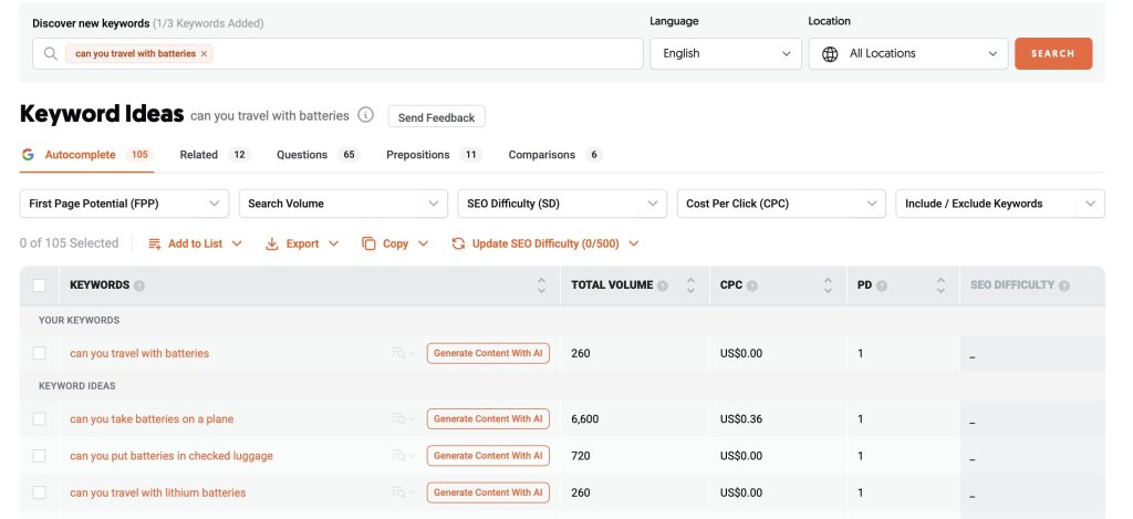 can you travel with batteries keyword research