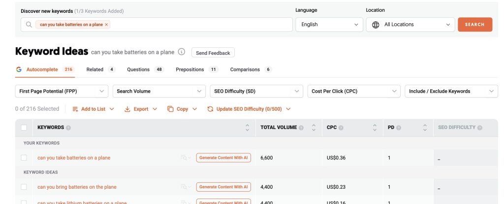 how to fly with batteries keyword research